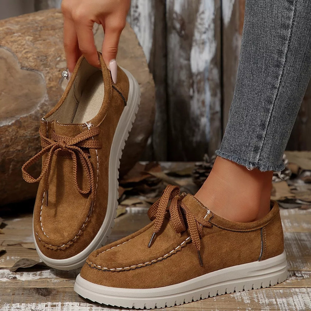 Women's Lace-Up Suede Round Toe Flats Comfortable Casual Shoes