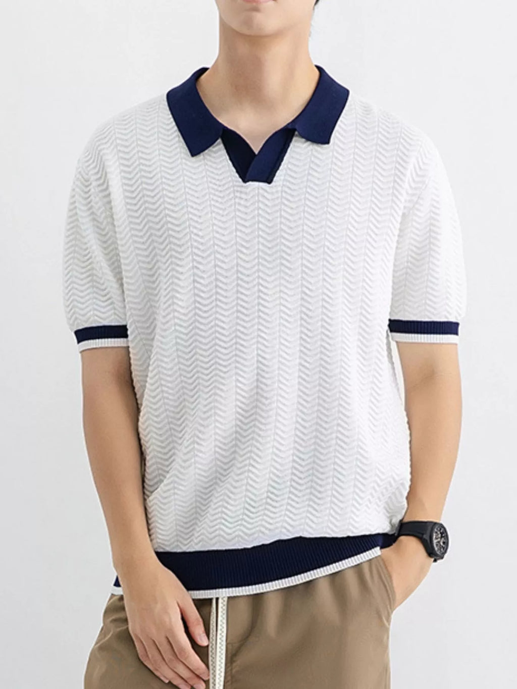 Men's Plus Size Textured Knit Polo with Contrast Trim