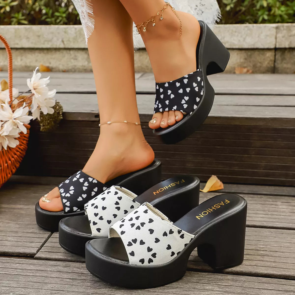 Heart Print Block Heel Platform Sandals Cute Mid Heel Mules