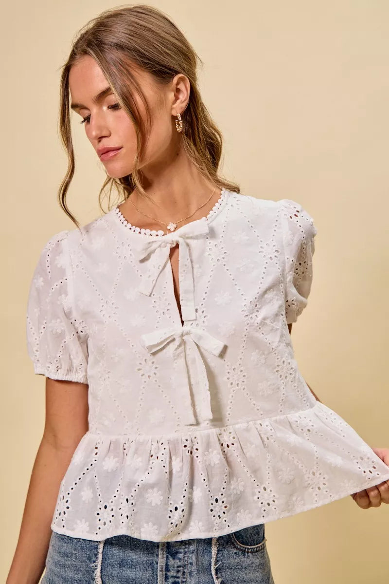 Women's Cotton Eyelet Blouse with Front Tie