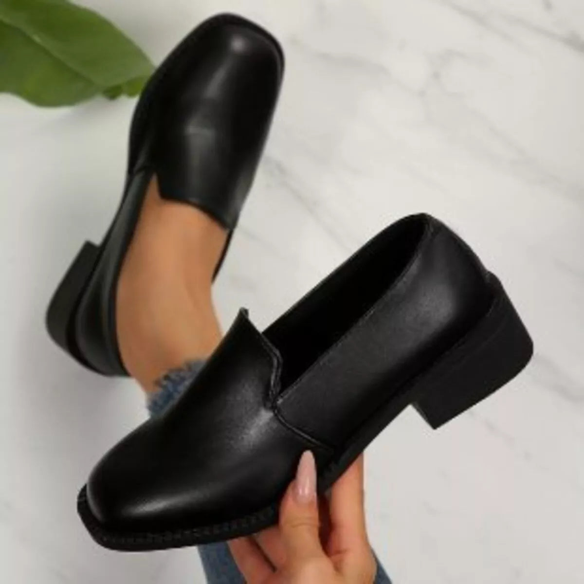 Women's Black Block Heel Loafers Round Toe Casual Dress Shoes