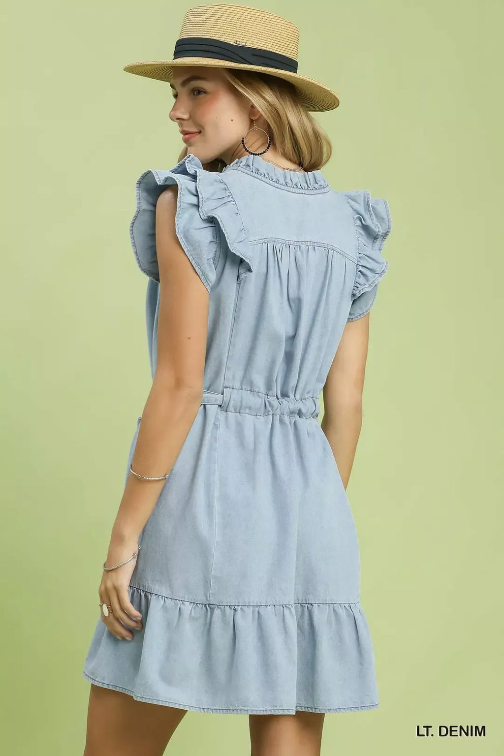 Light Denim Chambray Mini Dress with Ruffled Sleeves and Belt