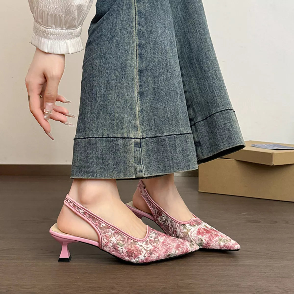 Lace Pointed-Toe Slingback Pumps