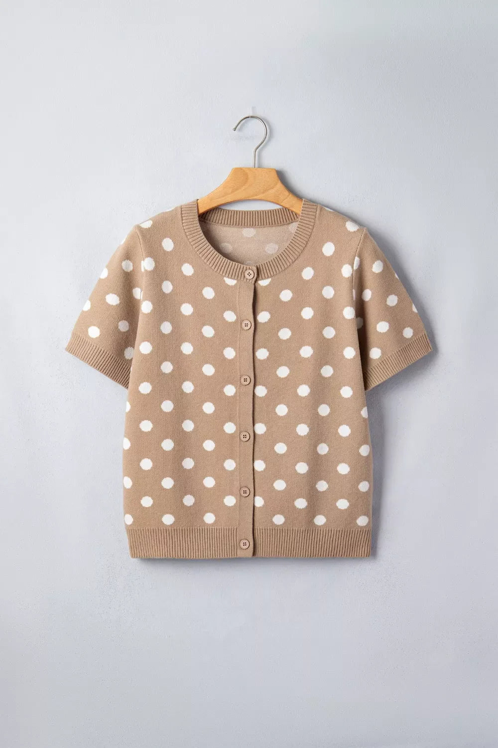 Polka Dot Short Sleeve Button Down Knit Cardigan Sweater