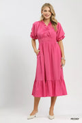 Peony Ruffle V-Neck Midi Dress with Pockets