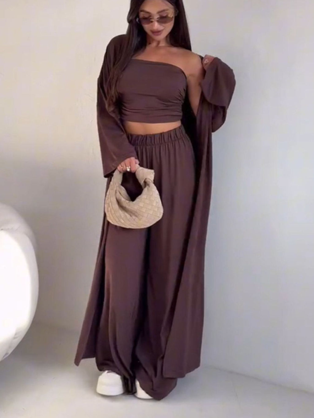 Women Three Piece Tube Top Cardigan and Wide Leg Pants Set