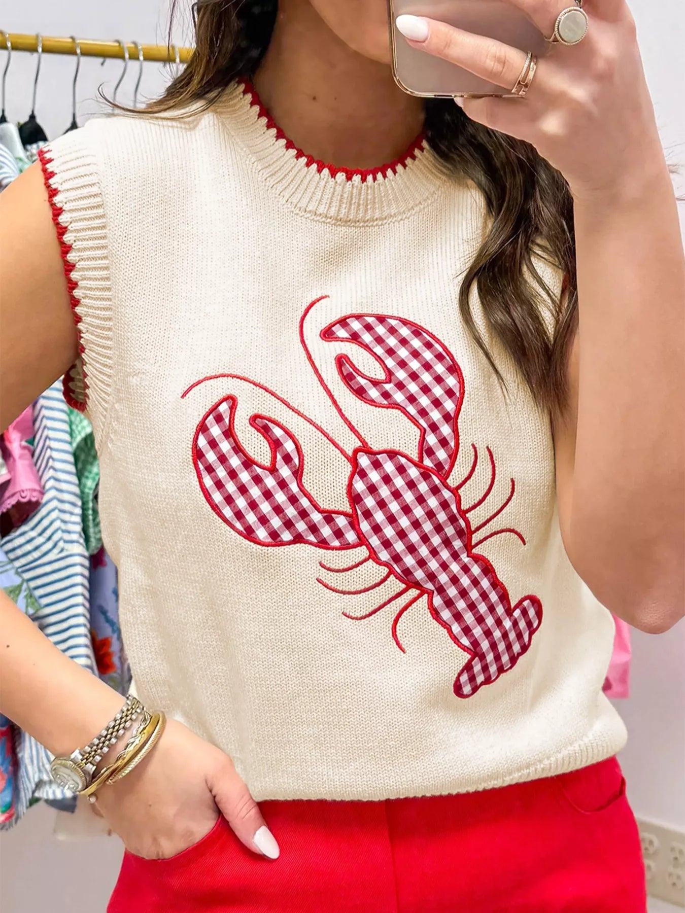 Lobster Embroidered Cream Knit Sweater Vest with Gingham Detail