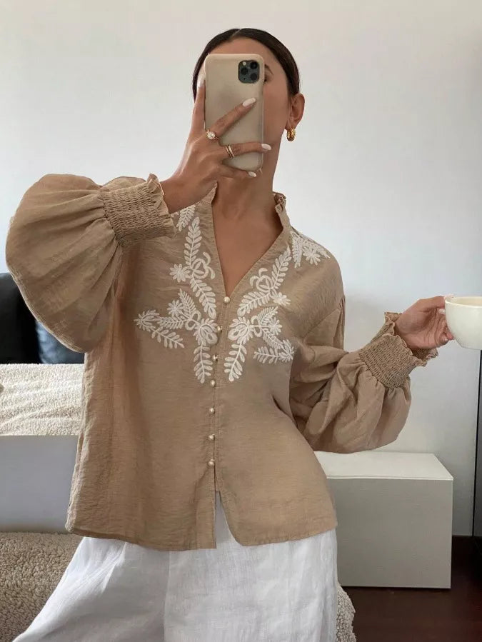 Women's Embroidered White Long Sleeve Notched Collar Blouse
