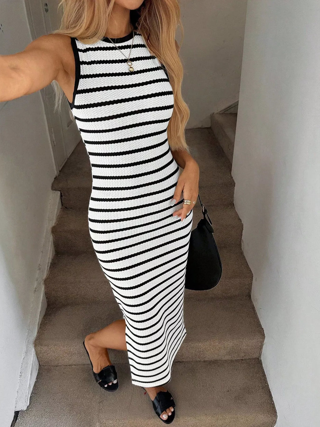 Sleeveless Striped Midi Dress with Side Slit Black and White