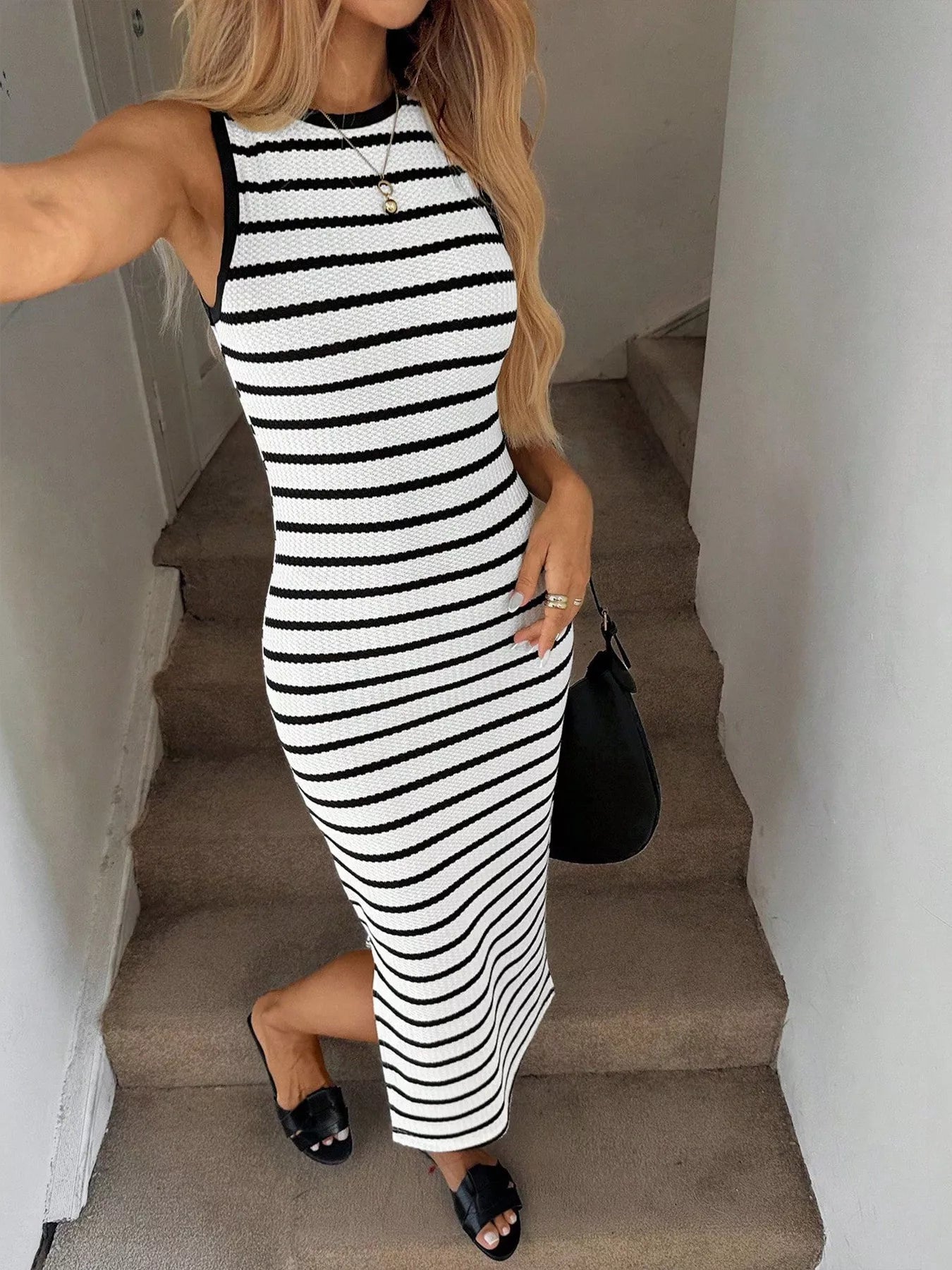 Sleeveless Striped Midi Dress with Side Slit Black and White