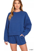 Zenana Fleece Sweatshirt Shorts Set Navy Blue