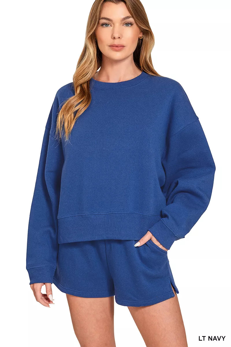 Zenana Fleece Sweatshirt Shorts Set Navy Blue