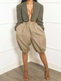 High Waist Pleated Khaki Shorts with Bubble Hem Detail