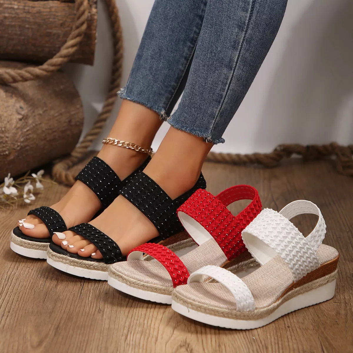 Woven Elastic Strap Platform Wedge Sandals