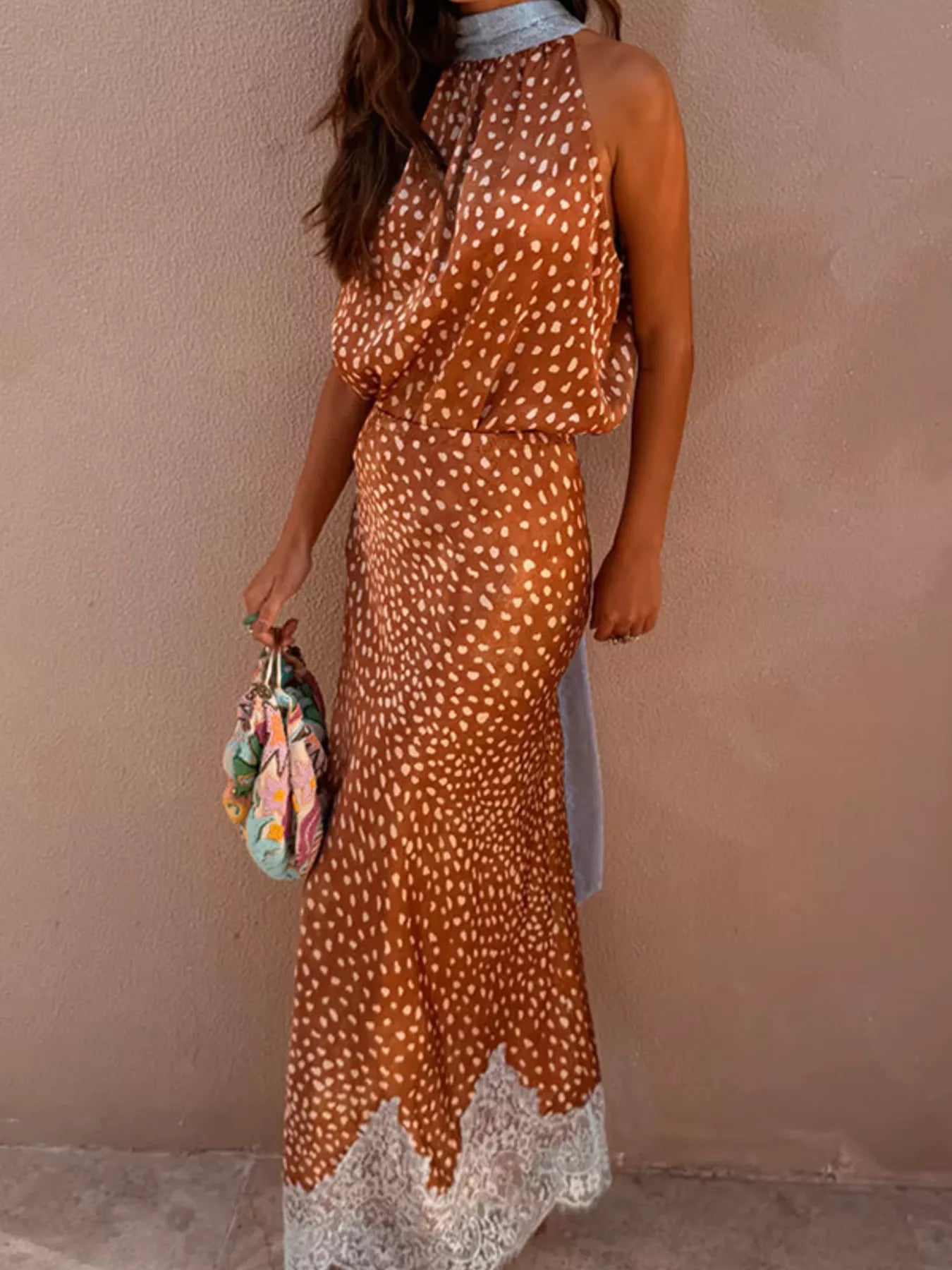 Brown Polka Dot Sleeveless Top and Lace Detail Skirt Set