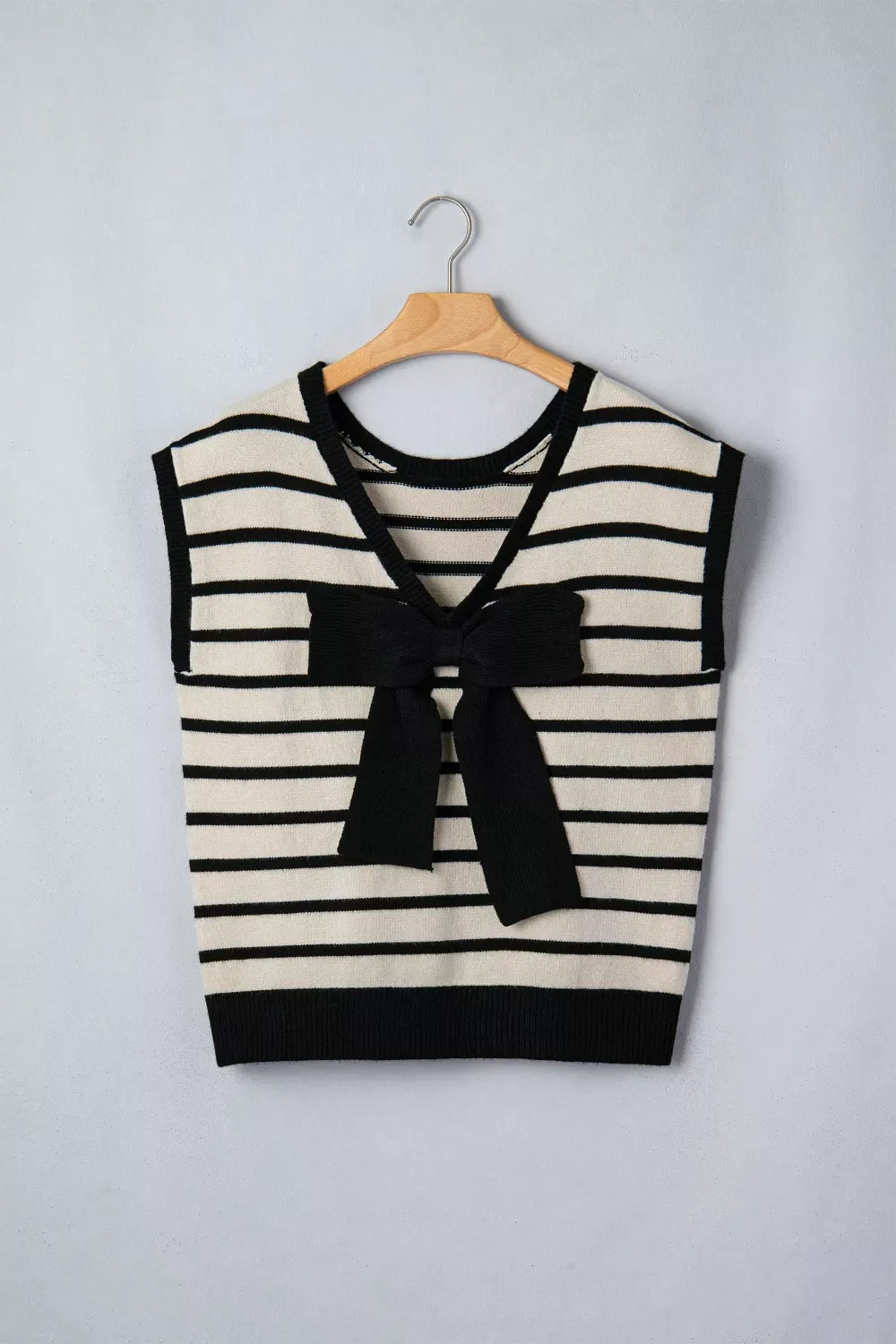 Short Sleeve Striped Sweater with Front Bow Detail