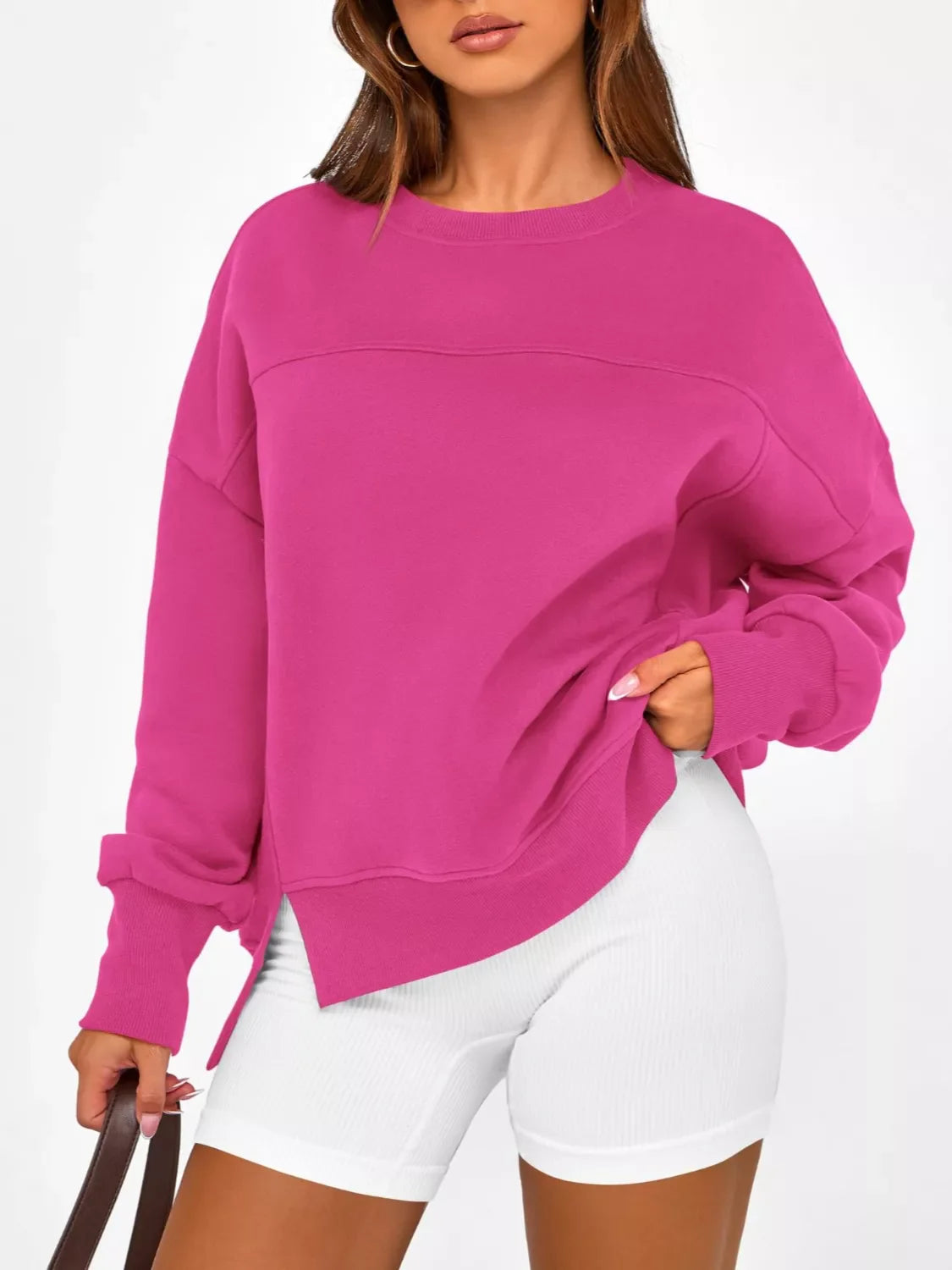 Women's Blue Side Slit Pullover Sweatshirt Long Sleeve Top