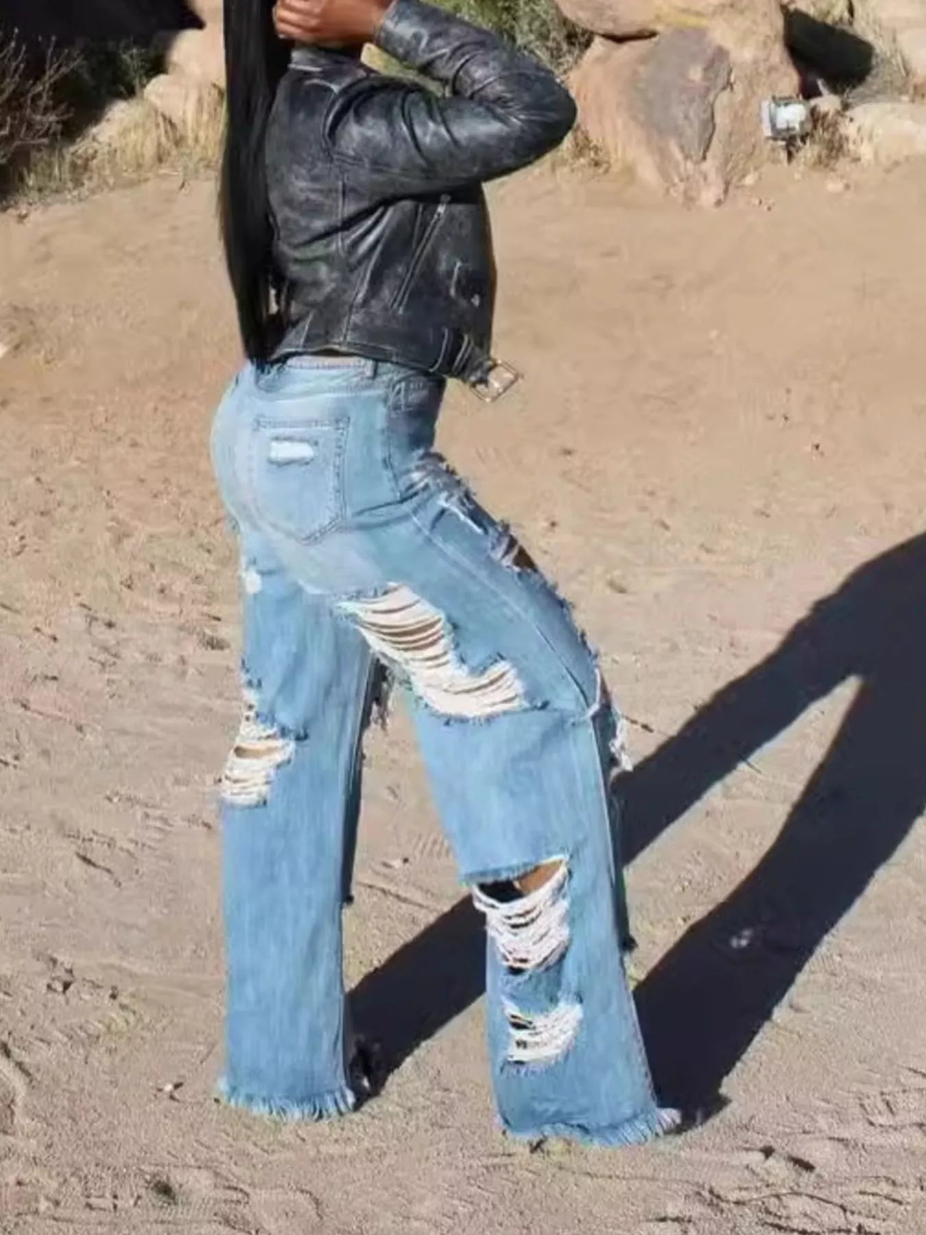 Distressed Wide Leg Denim Jeans in Light Wash