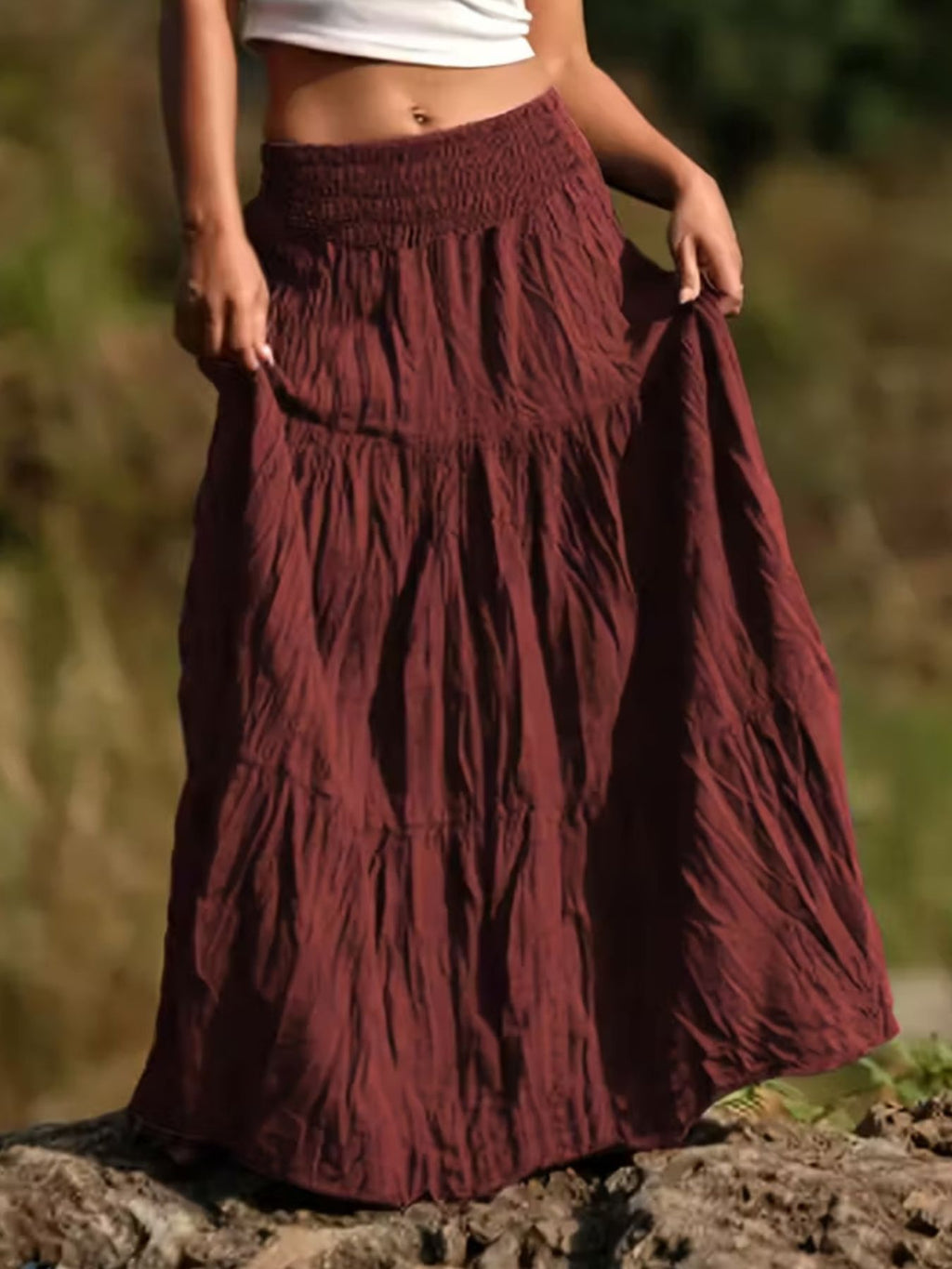 Women Ruched Tiered Maxi Skirt Bohemian Style Flowy Long Skirt