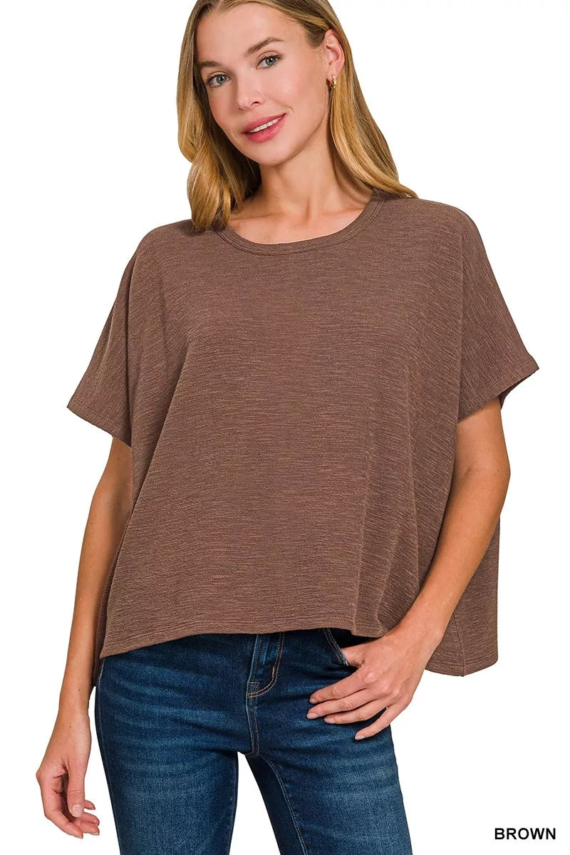 Brown Cotton Slub Oversized Crew Neck Short Sleeve Tee