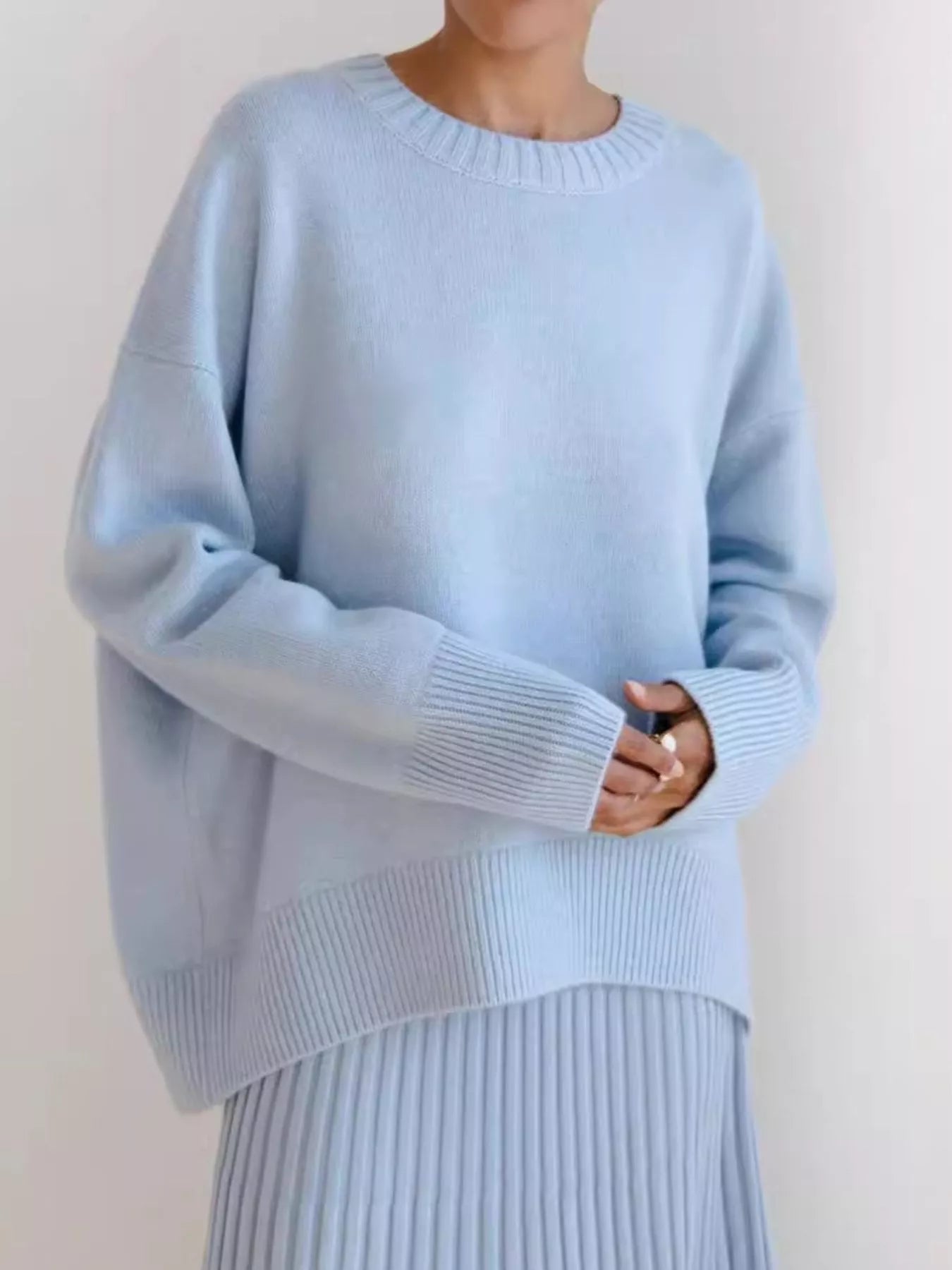 Women's Royal Blue Round Neck Ribbed Hem Long Sleeve Sweater