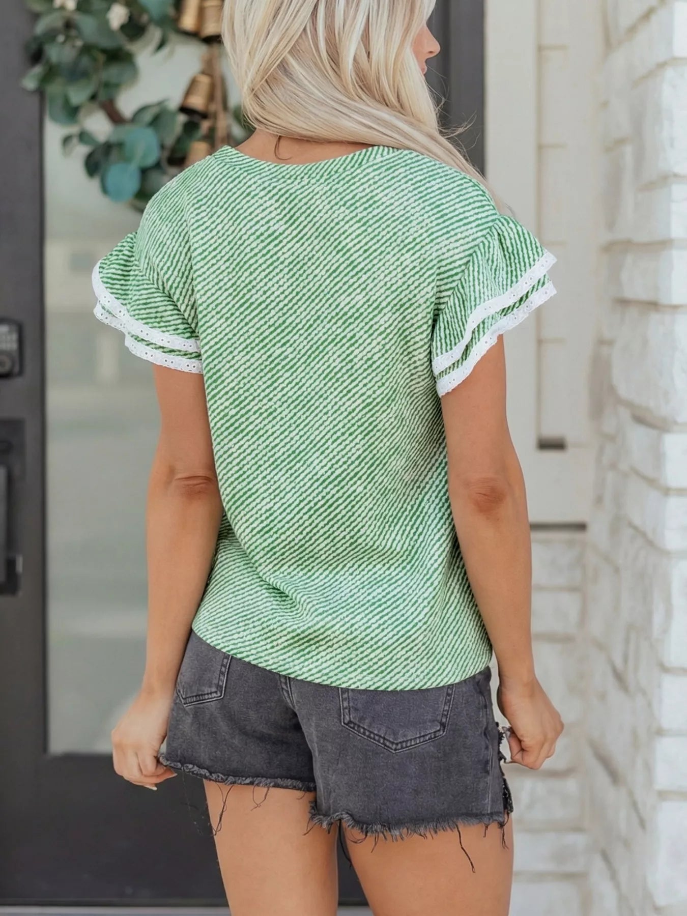 Green Striped Blouse with Ruffled Lace Trim Short Sleeves