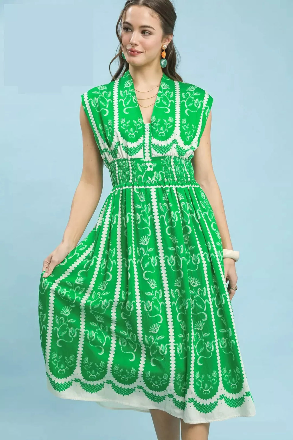 Green Floral Print Sleeveless Smocked Midi Dress