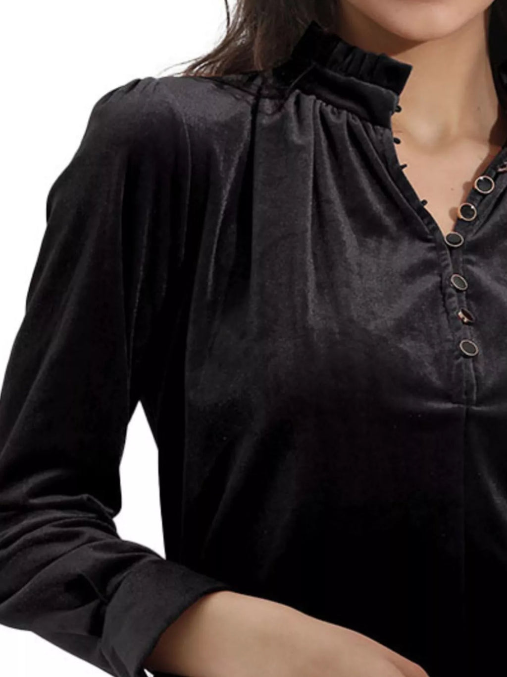 Women Red Velvet Long Sleeve Blouse with Ruffle Neckline