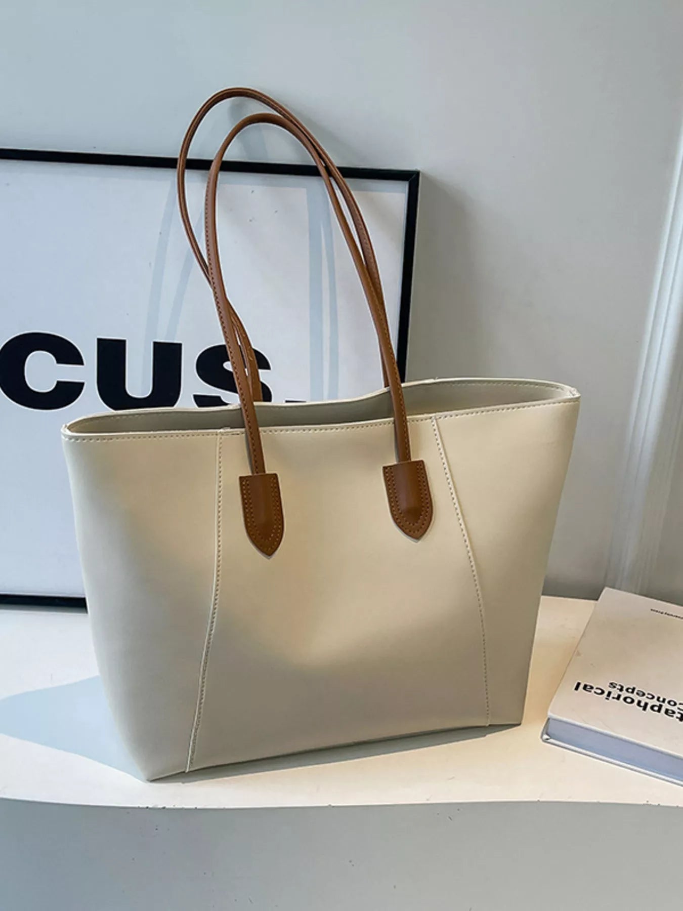 Two-Tone PU Leather Shoulder Tote Bag in Cream and Brown
