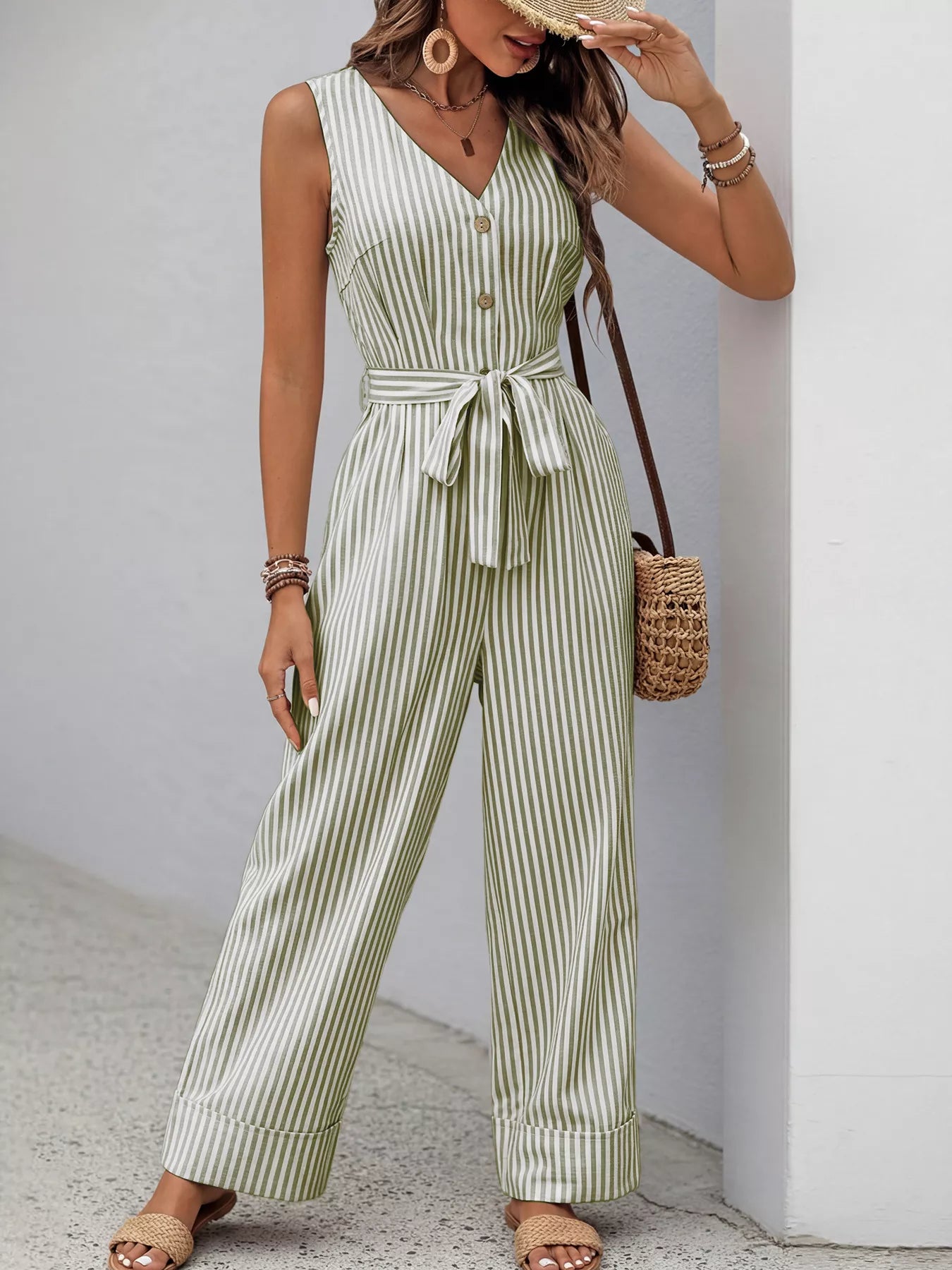 Striped V-Neck Wide Leg Jumpsuit with Tie Waist and Pockets