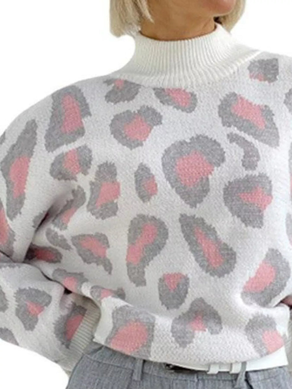 Women's Leopard Print High Neck Sweater in White Blue and Tan
