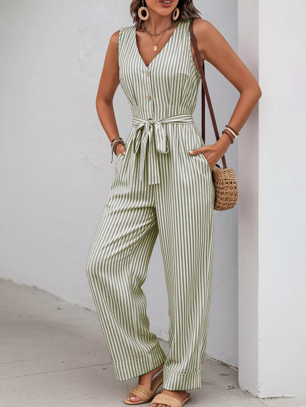 Striped V-Neck Wide Leg Jumpsuit with Tie Waist and Pockets