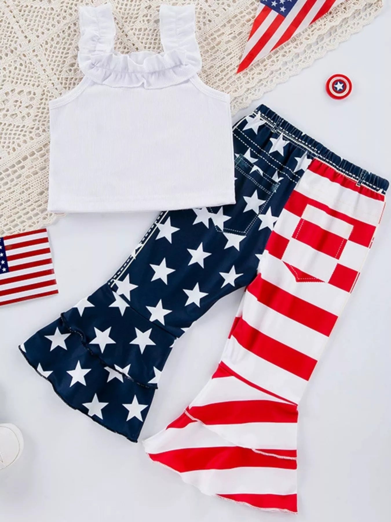 Girls Patriotic Freedom Ruffle Tank and Bell Bottom Pants Set