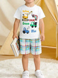 Boys Construction Vehicle Graphic T-Shirt and Plaid Shorts Set