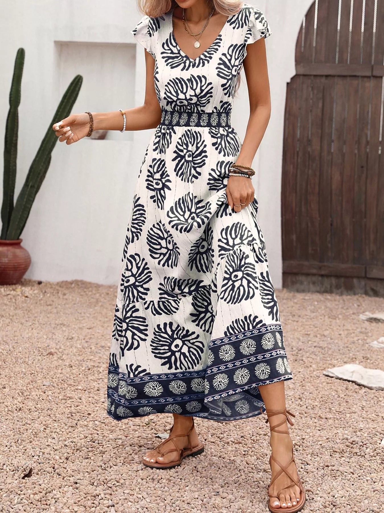 Floral Print V-Neck Ruffle Cap Sleeve Maxi Dress
