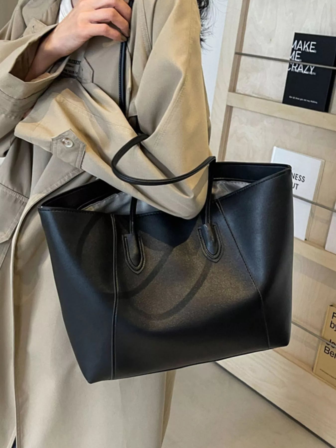 Two-Tone PU Leather Shoulder Tote Bag in Cream and Brown