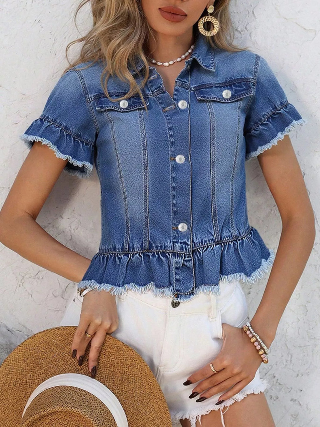 Short Sleeve Denim Jacket with Ruffle Hem and Raw Edges