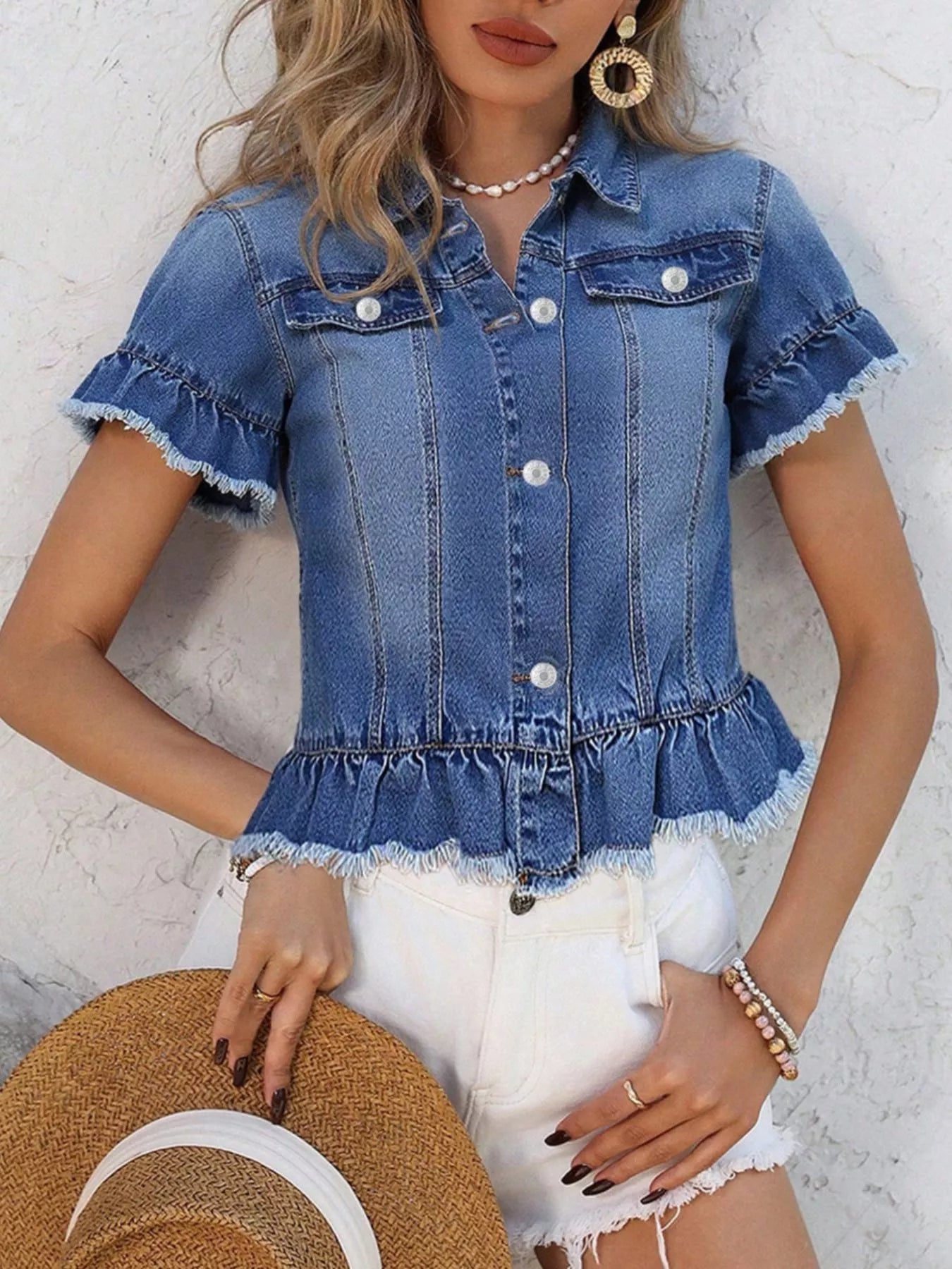 Short Sleeve Denim Jacket with Ruffle Hem and Raw Edges
