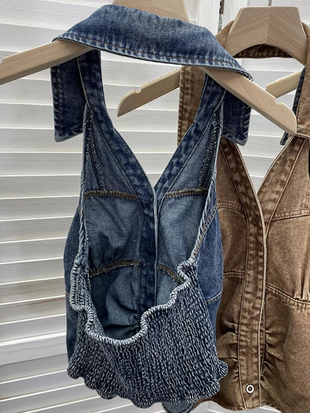 Smocked Denim Halter Collar Top in Blue