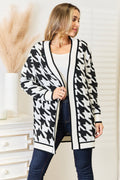 Woven Houndstooth Open Front Longline Cardigan Relaxed Fit