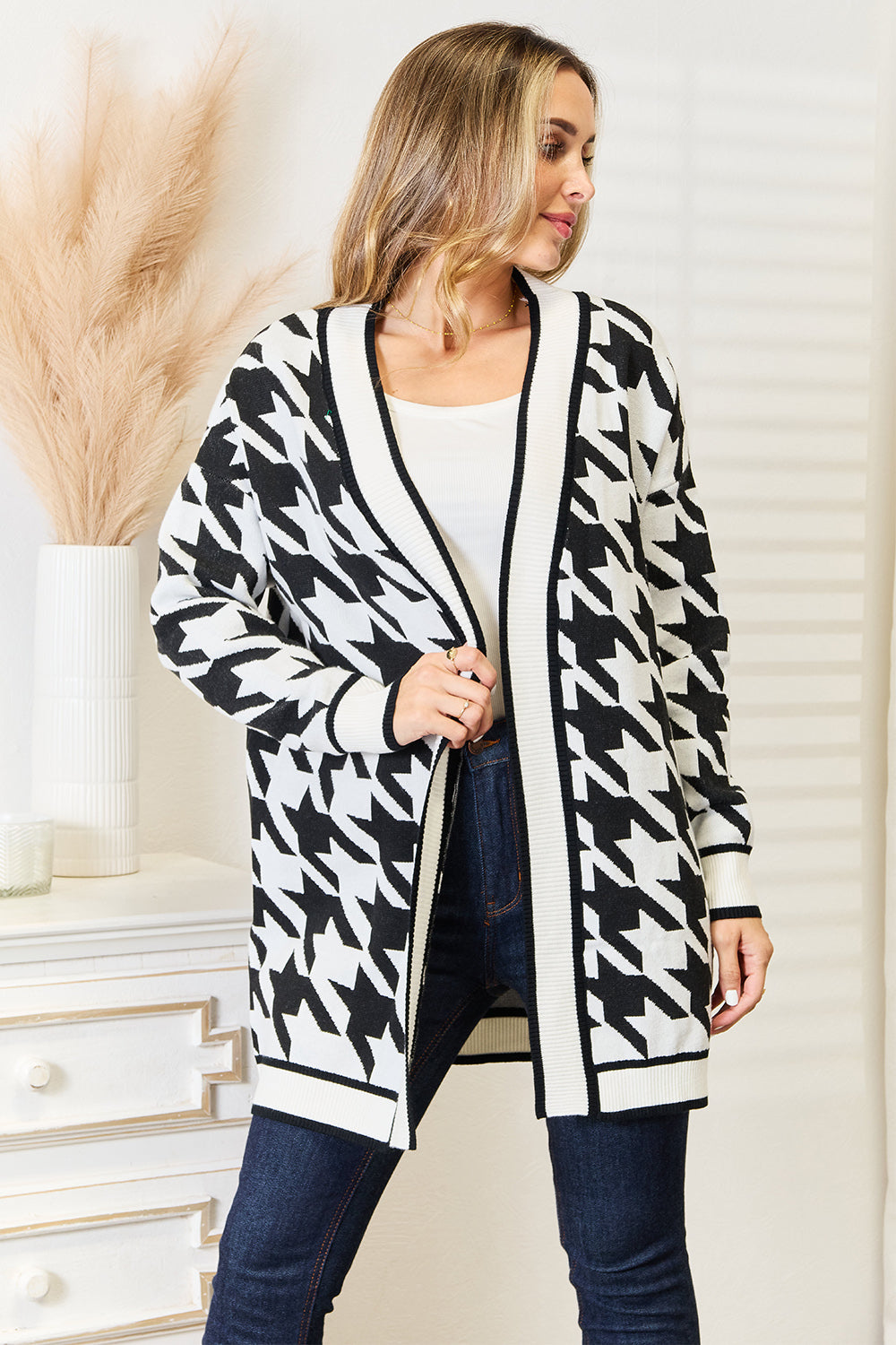 Woven Houndstooth Open Front Longline Cardigan Relaxed Fit