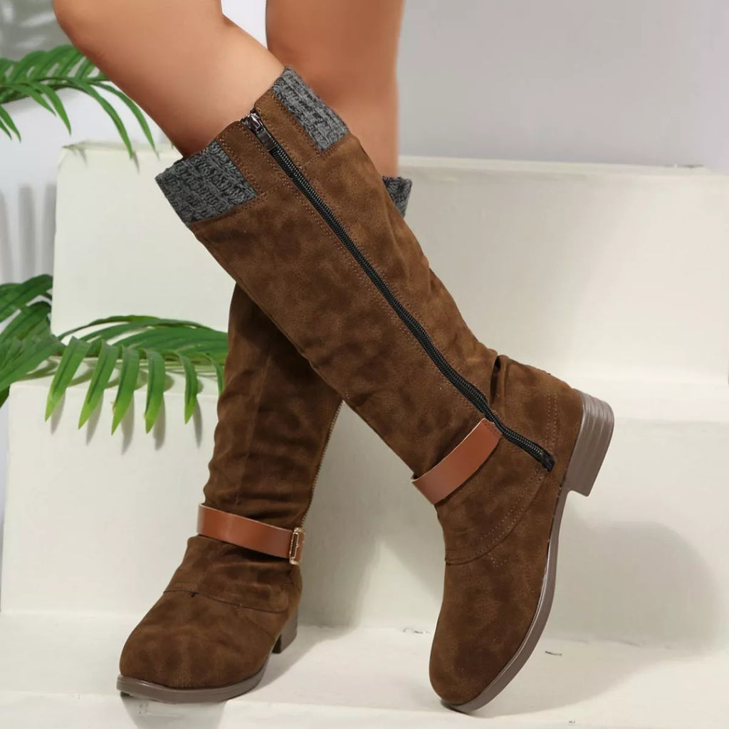 Women Black Suede Mid-Calf Boots with Knit Cuff and Buckle Detail
