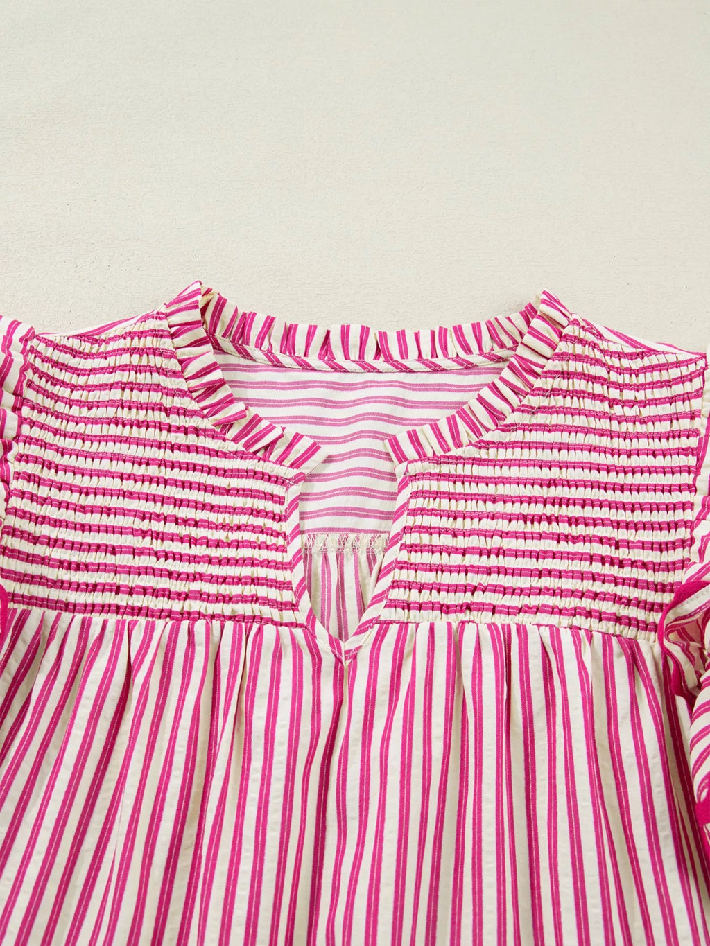 Striped Shirred Yoke Ruffle Sleeve Blouse in Pink and White