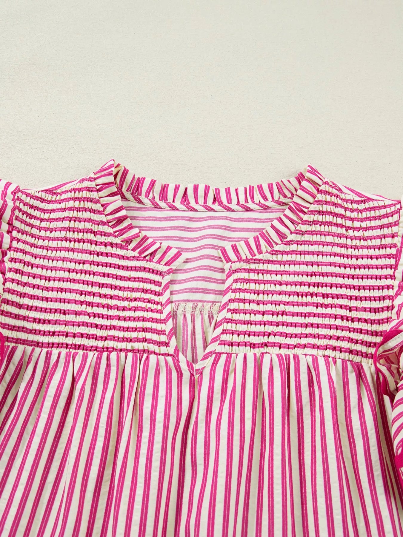 Striped Shirred Yoke Ruffle Sleeve Blouse in Pink and White