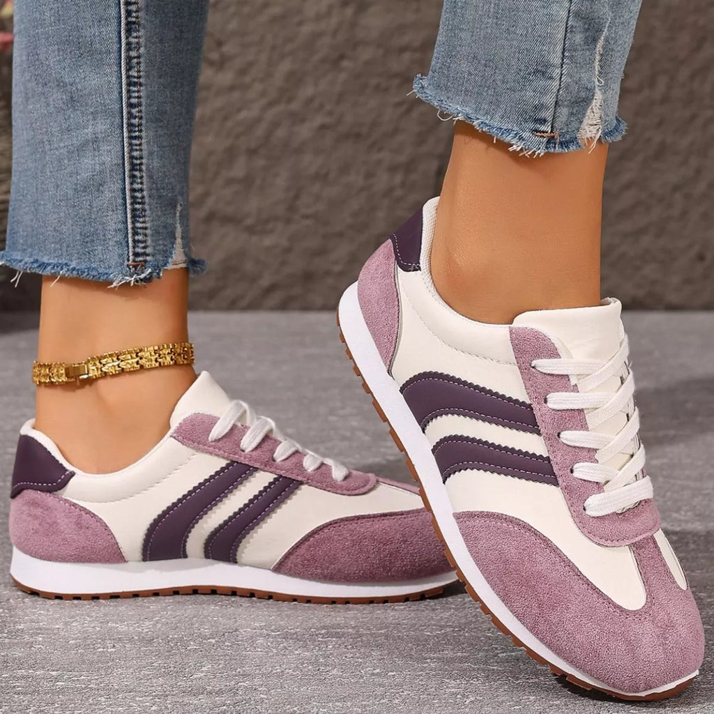 Women's Striped Lace-Up Casual Suede Sneakers Flat Trainers