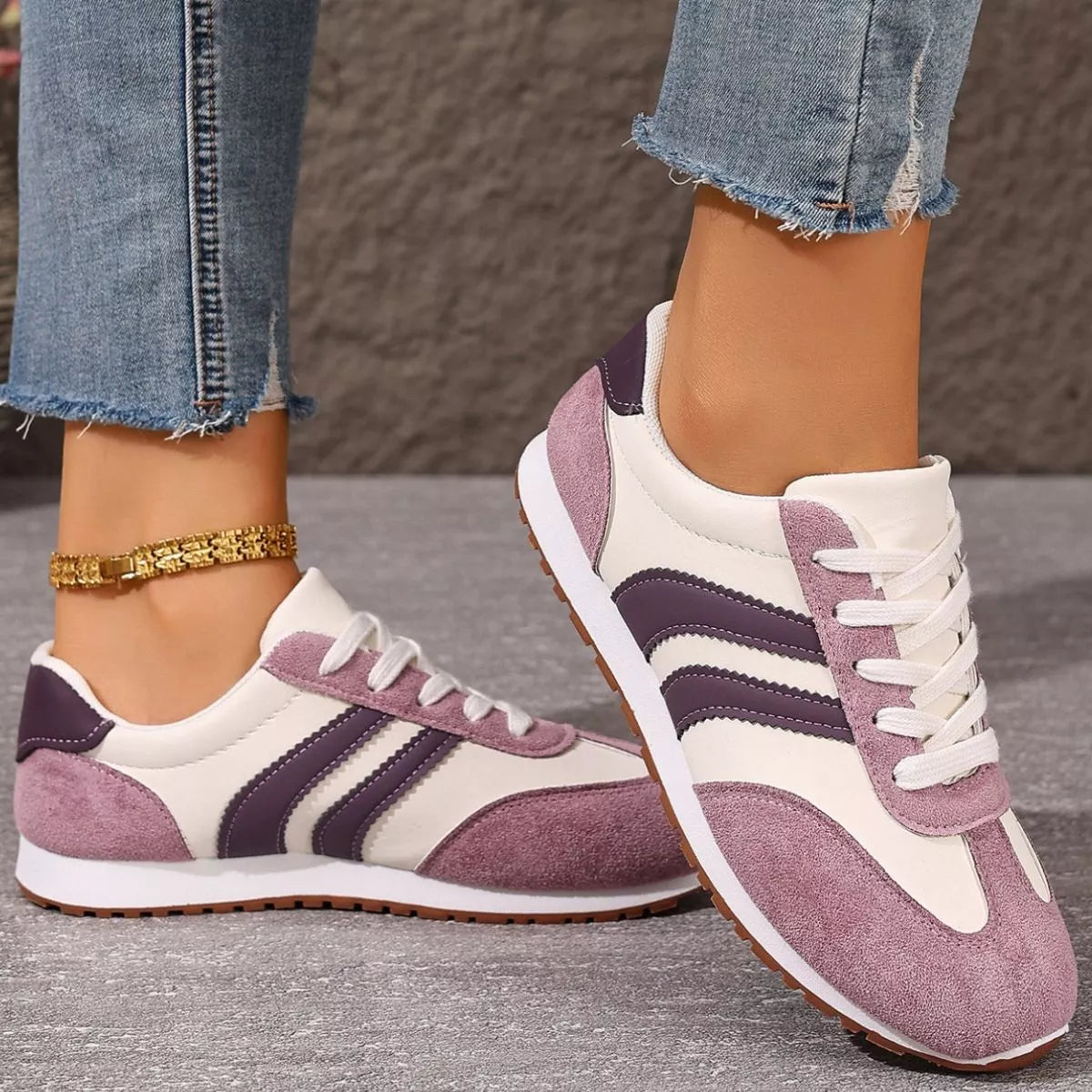 Women's Striped Lace-Up Casual Suede Sneakers Flat Trainers