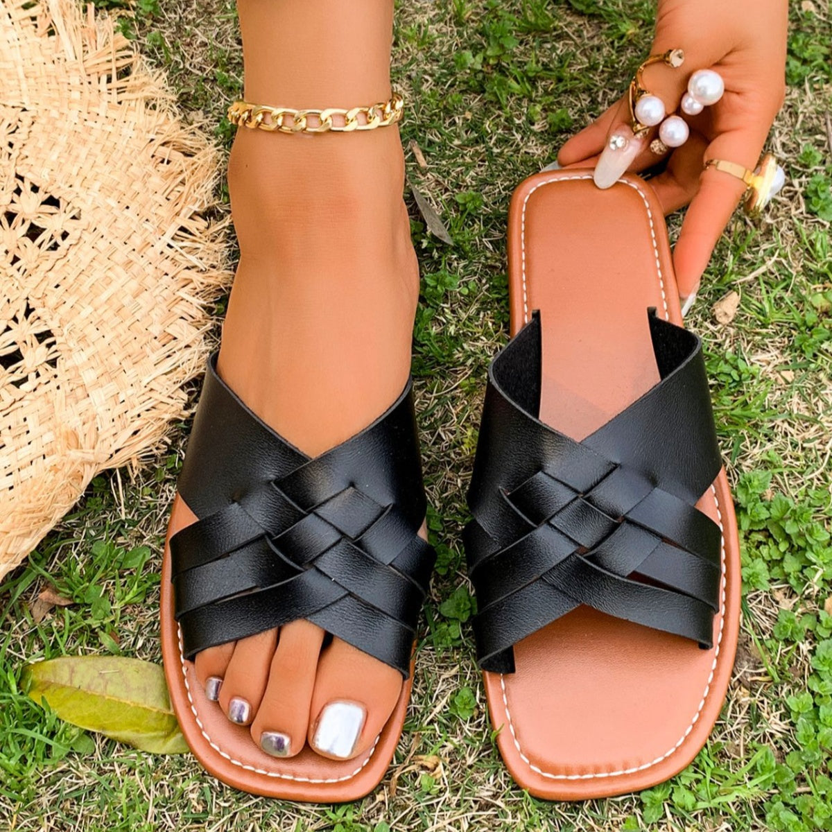 Woven Open Toe Sandals - Leather Bohemian Flats