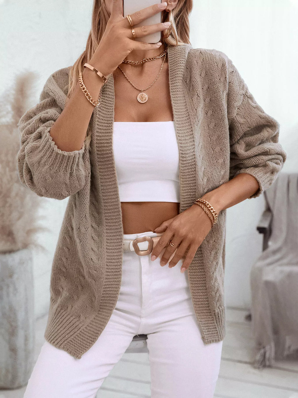 Women's Beige Cable Knit Open Front Cardigan with Hood