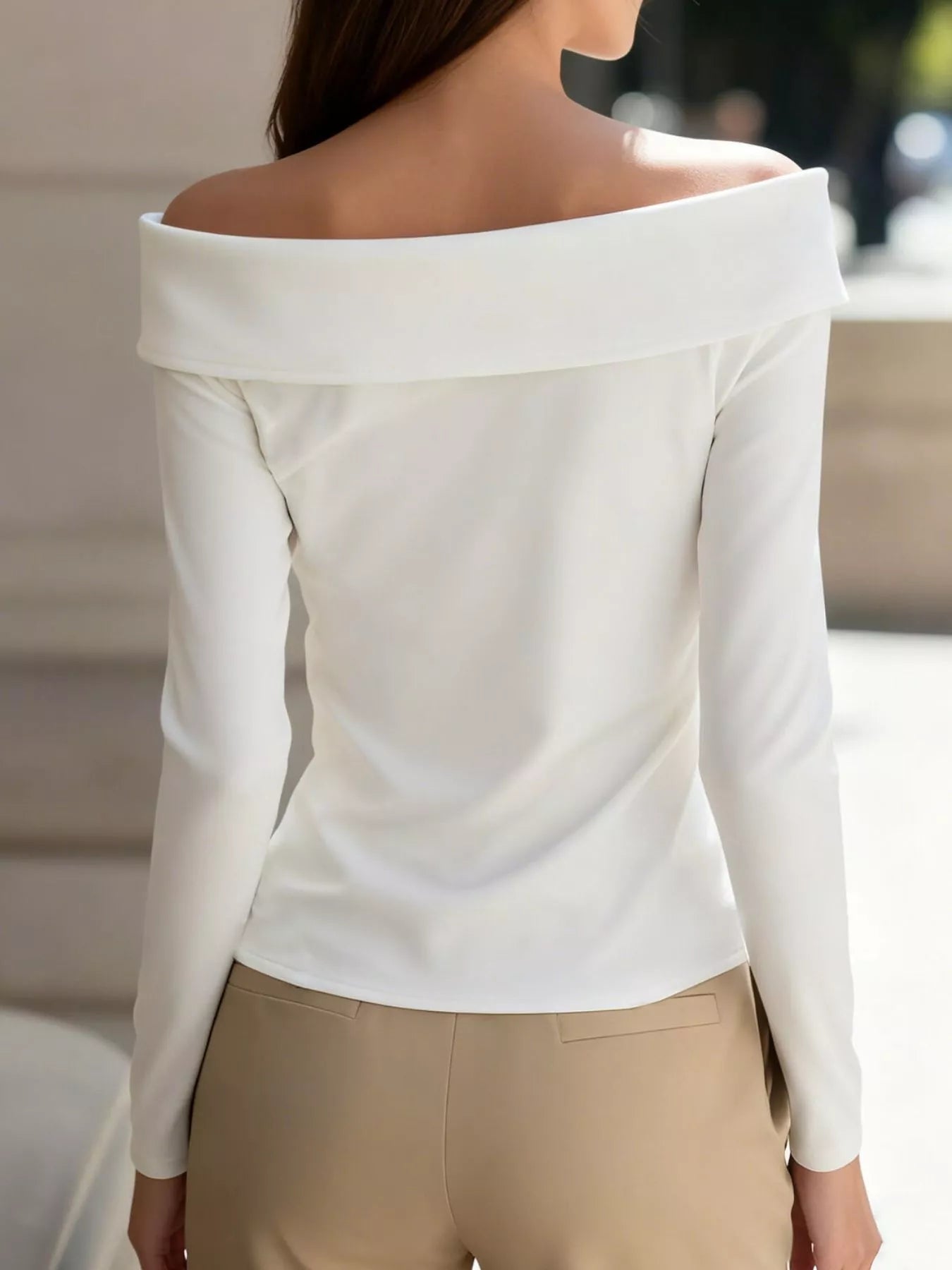 White Off-Shoulder Long Sleeve Blouse with Button Detail