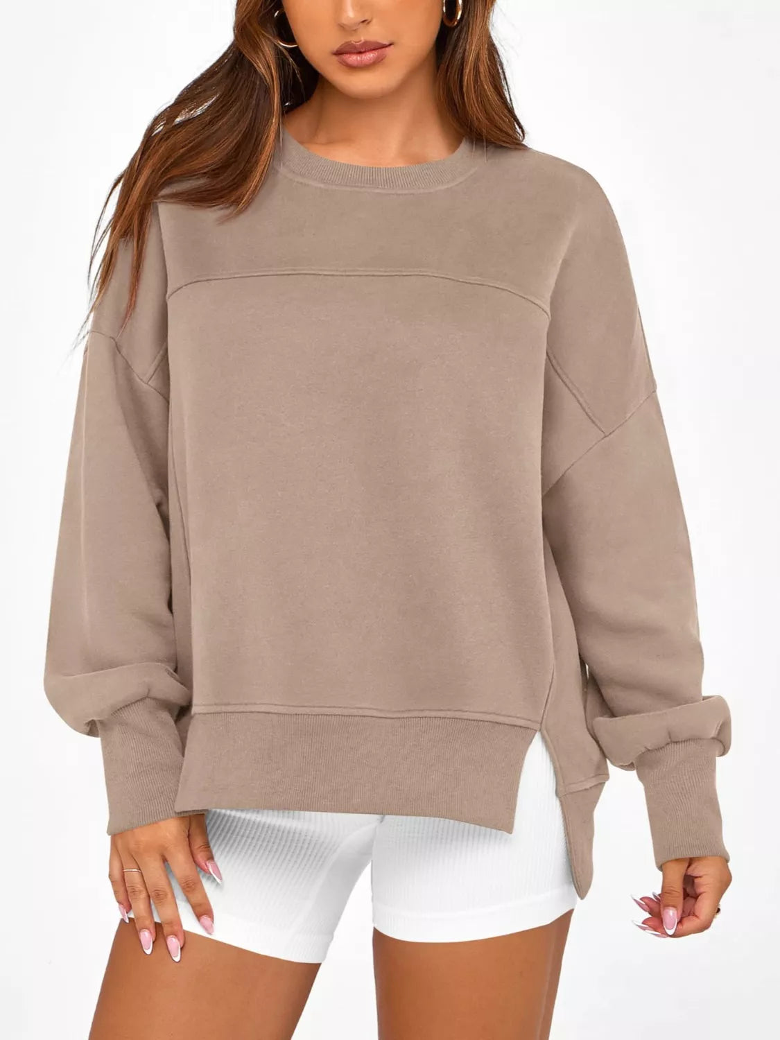 Women's Blue Side Slit Pullover Sweatshirt Long Sleeve Top